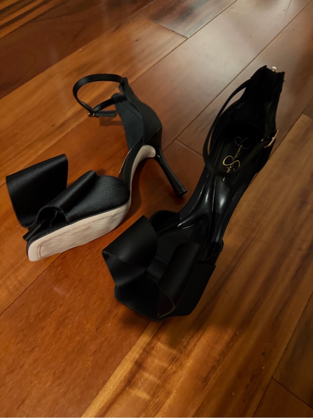 Jessica Simpson Black Satin Bow Ankle-Strap Heels